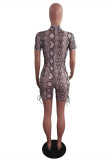 Grey Fashion Sexy Print Basic Zipper Collar Skinny Romper
