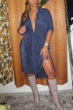 Grey Fashion Casual Solid Basic V Neck Shirt Dress
