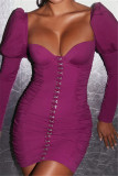Purple Fashion Sexy Solid Backless Fold V Neck Long Sleeve Dresses