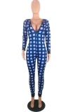Black Sexy Plaid Patchwork V Neck Skinny Jumpsuits