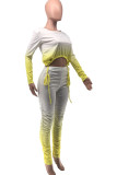 Yellow Fashion Casual Adult Print Split Joint Fold O Neck Long Sleeve Hubble-Bubble Sleeve Short Two Pieces