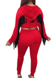 Red Fashion Sexy Adult Polyester Patchwork Solid Tassel Split Joint Hooded Collar Long Sleeve Regular Sleeve Short Two Pieces