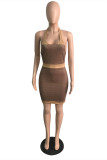Brown Fashion Patchwork Backless Halter Sleeveless Dress