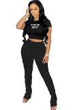 Black Polyester Fashion Sexy adult Ma'am Letter Two Piece Suits pencil Short Sleeve Two Pieces