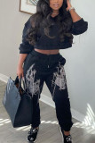 Black Casual Print Patchwork Beading O Neck Long Sleeve Two Pieces