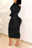 Black Fashion Sexy Print Hollowed Out O Neck Long Sleeve Dress