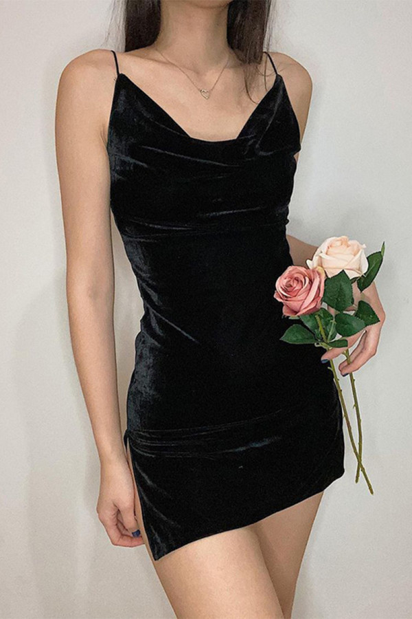Black Sexy Gradual Change Patchwork Backless Fold Spaghetti Strap Straight Dresses