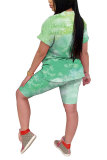 Green Polyester Fashion Casual adult Patchwork Print Tie Dye Gradient Two Piece Suits pencil Short Sleeve Two Pieces
