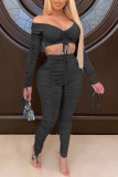 Black Polyester Fashion Sexy adult Patchwork Solid Draped asymmetrical Two Piece Suits Regular Long Sleeve Two Pieces