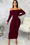 Green Polyester Sexy Off The Shoulder Long Sleeves One word collar Swagger Ankle-Length Solid Patchwork L