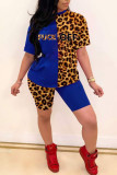 Yellow Polyester Fashion Sexy adult Ma'am Leopard Letter Patchwork Print contrast color Two Piece Suits pencil Short Sleeve Two Pieces