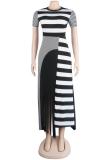 Black Polyester Casual Cap Sleeve Short Sleeves O neck A-Line Mid-Calf Striped Club Dresses