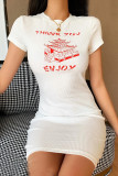White Fashion Casual Regular Sleeve Short Sleeve O Neck Short Sleeve Dress Knee Length Print Dresses