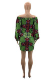 Green Work Print Bateau Neck Lantern Skirt Dresses