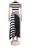Black Polyester Casual Cap Sleeve Short Sleeves O neck A-Line Mid-Calf Striped Club Dresses