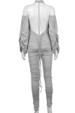 Grey Fashion PVC Solid Split Joint Frenulum Fold Turtleneck Skinny Jumpsuits