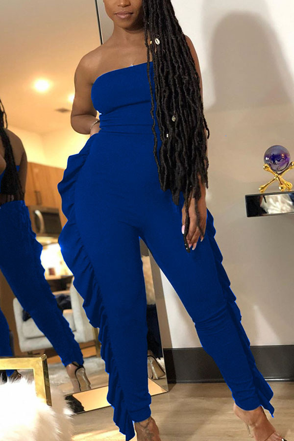 Blue Fashion street Ruffled Solid Sleeveless Wrapped Jumpsuits