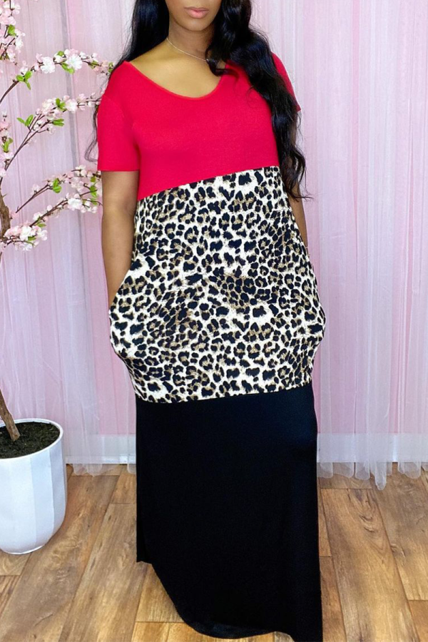 Red Sexy Leopard Patchwork V Neck Pencil Skirt Dresses