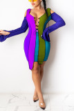 Deep Blue Fashion Sexy Patchwork Hollowed Out Strap Design Asymmetrical O Neck Long Sleeve Dress