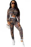 Brown Polyester Fashion adult Sexy Bandage Print Two Piece Suits Camouflage pencil Long Sleeve Two-piece