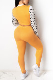 Yellow Fashion Casual Polyester Pit Article Fabrics Patchwork Animal Print Leopard Split Joint Pullovers Pants Basic O Neck Long Sleeve Regular Sleeve Short Two Pieces