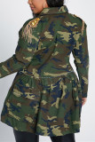 Army Green Fashion Casual Camouflage Print Cardigan Turndown Collar Plus Size Coats