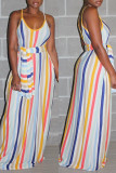 Rainbow Color Fashion Casual Striped Print Backless Spaghetti Strap Sleeveless Dress