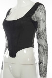Black Sexy Solid Split Joint O Neck Mid Waist Tops