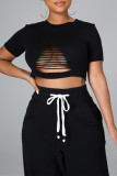 Red Sexy Casual Solid Ripped Hollowed Out O Neck T-Shirts