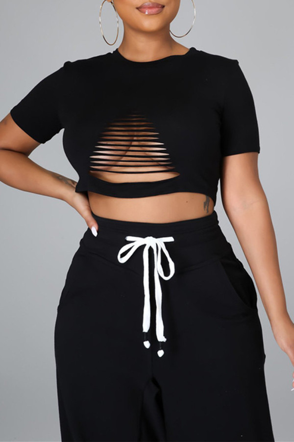 Black Sexy Casual Solid Ripped Hollowed Out O Neck T-Shirts