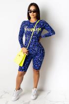 Royal blue Polyester Fashion Casual adult Letter Print Leopard Two Piece Suits pencil Long Sleeve Two-Piece Sh