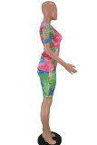 Green Polyester Fashion Sexy Print Tie Dye Burn-out Two Piece Suits pencil Short Sleeve Two Pieces