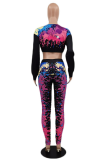 Black Casual Print Patchwork V Neck Long Sleeve Two Pieces