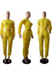 Yellow Street Solid Split Joint Draw String O Neck Long Sleeve Two Pieces