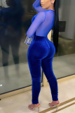 Blue Sexy Patchwork Mesh O Neck Skinny Jumpsuits