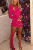 Pink Fashion Sexy Solid Asymmetrical O Neck Long Sleeve Dress