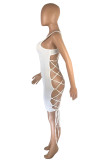 White Sexy Solid Hollowed Out Backless One Shoulder Sleeveless Dress