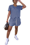 Blue Fashion adult Ma'am Street Striped Two Piece Suits Straight Short Sleeve Two Pieces