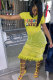 Yellow Polyester Fashion Sexy Cap Sleeve Short Sleeves O neck Pleated Mid-Calf Mesh Patchwork macrame Print