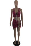 Coffee Sexy Leopard Hollowed Out Frenulum U Neck Sleeveless Two Pieces
