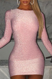 Pink Fashion Sexy Solid Basic O Neck Long Sleeve Dress