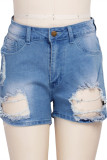 Blue Fashion Casual Solid Ripped Mid Waist Regular Jeans
