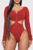 Red Casual Living Solid Hollowed Out V Neck Skinny Romper