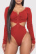 Red Casual Living Solid Hollowed Out V Neck Skinny Romper