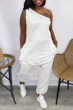 Red Casual Solid Backless One Shoulder Sleeveless Regular Jumpsuits