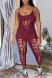 Burgundy Fashion Sexy Solid Ripped Hollowed Out Backless Spaghetti Strap Skinny Jumpsuits