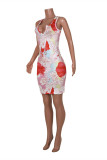 Rose Red Fashion Sexy Print Basic V Neck Pencil Dresses
