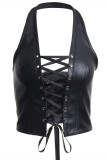 White Fashion Sexy Solid Backless Strap Design Halter Tops