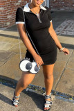Black Sexy Casual Solid Basic Turndown Collar Short Sleeve Dress