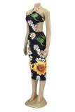 Black Sexy Print Frenulum Halter Pencil Skirt Dresses